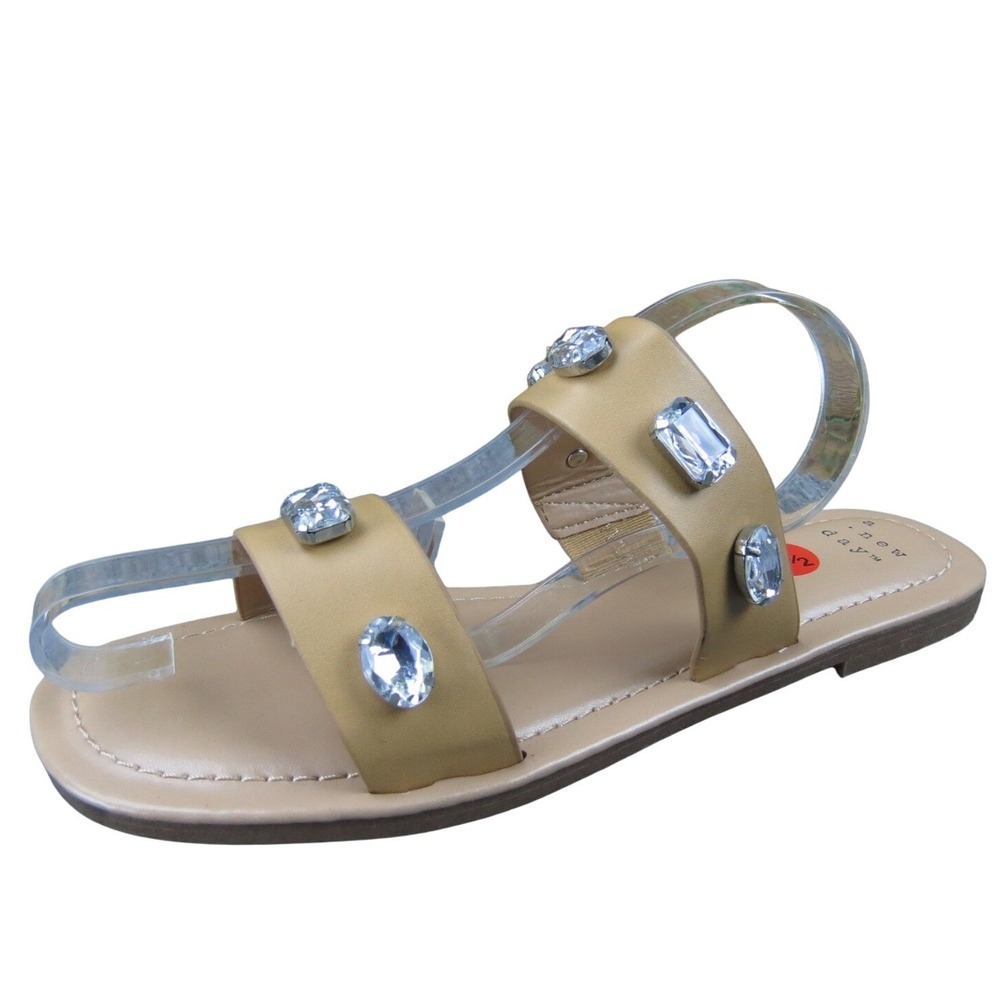 A New Day Brit Women‎ 6.5 Tan Faux Leather Rhinestone Slide Sandals Stylish Chic